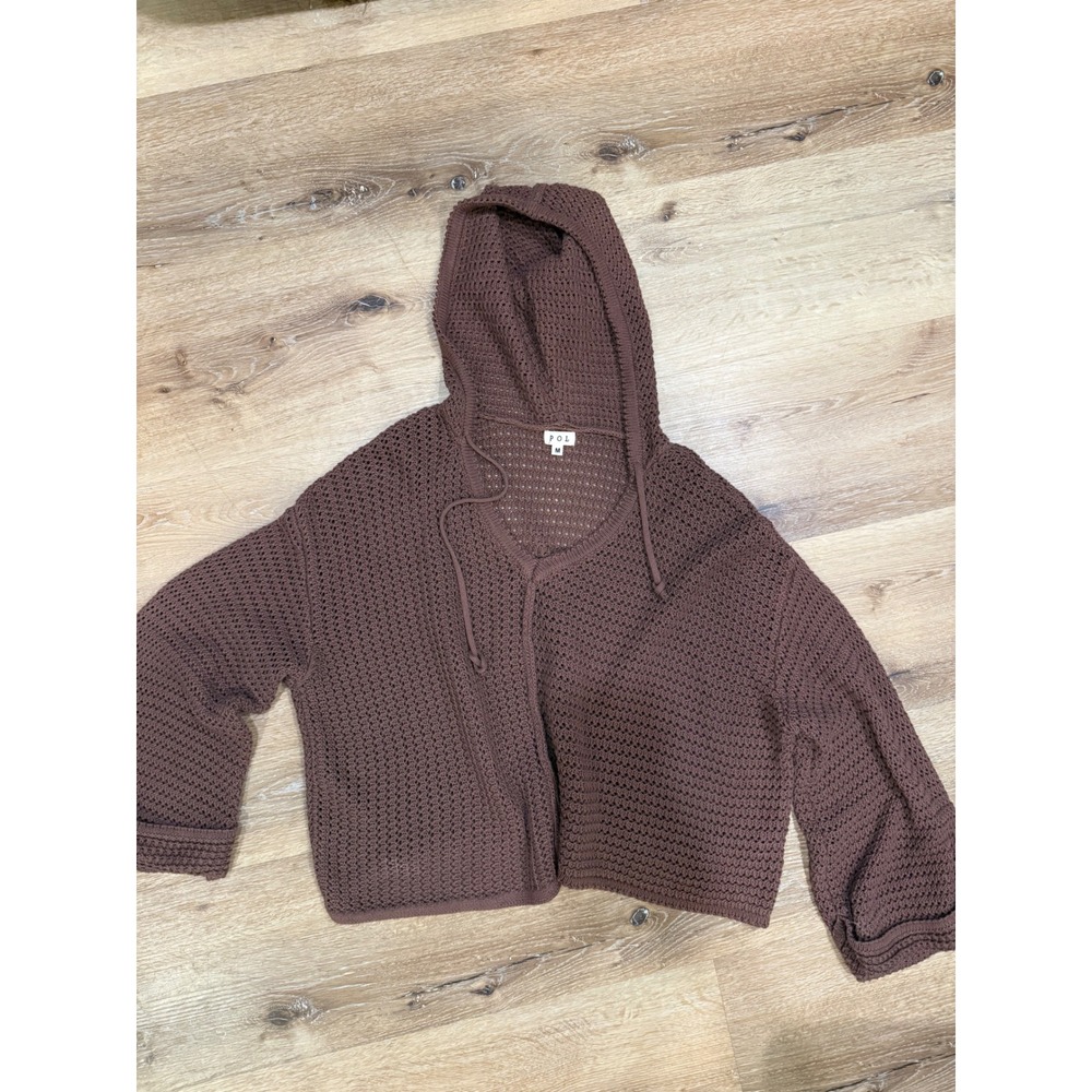 POL Brown Crochet Open Knit Hooded Cardigan Boho Oversized Sweater M